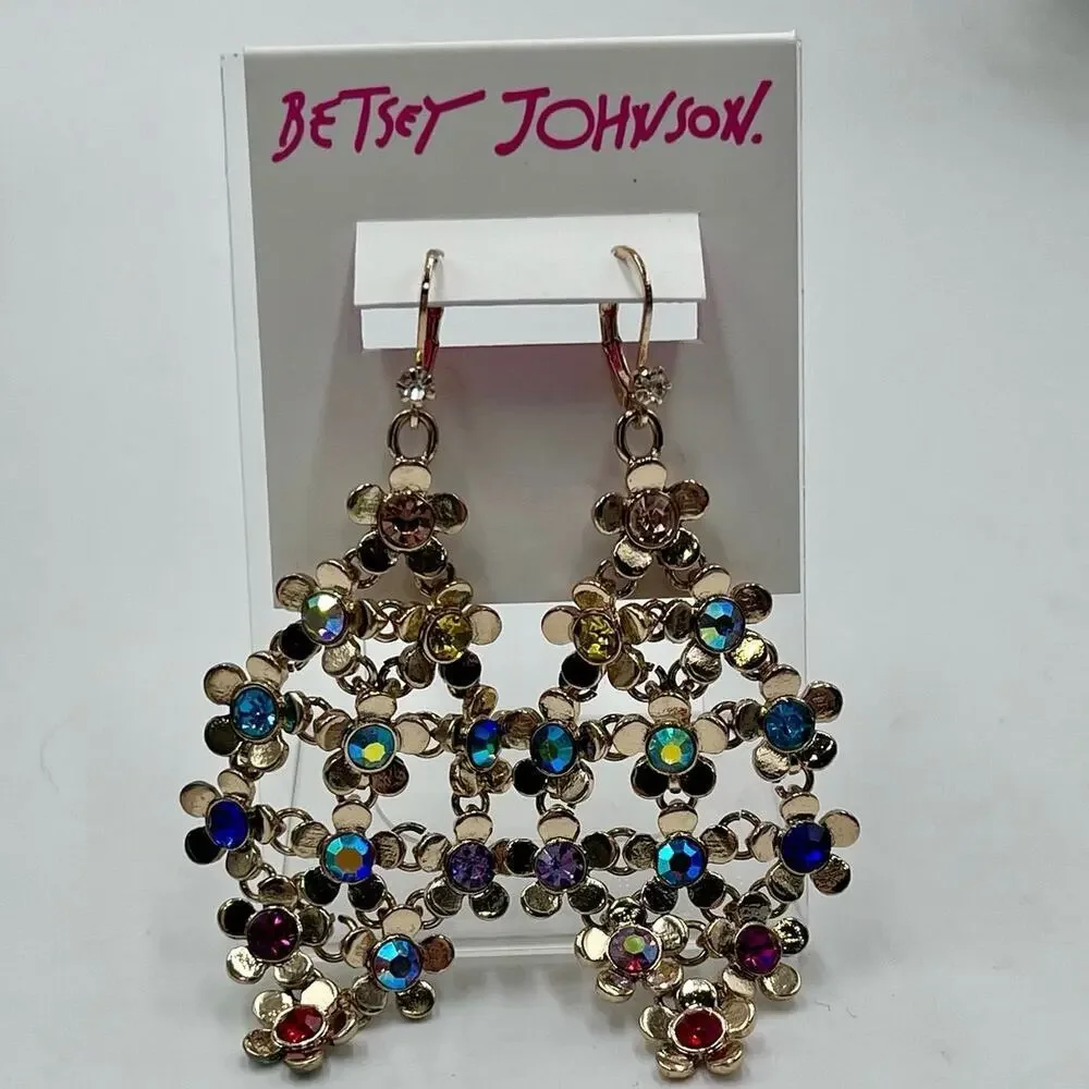 Betsey Johnson Gold Tone Love Fest Flower & Crystal Chandelier Drop Earrings New
